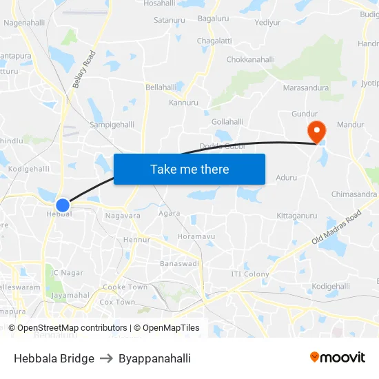 Hebbala Bridge to Byappanahalli map