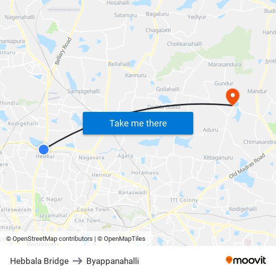 Hebbal Bridge to Byappanahalli map