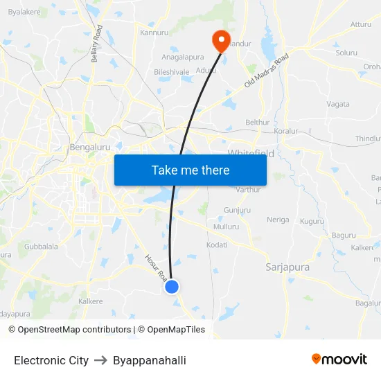 Electronic City to Byappanahalli map