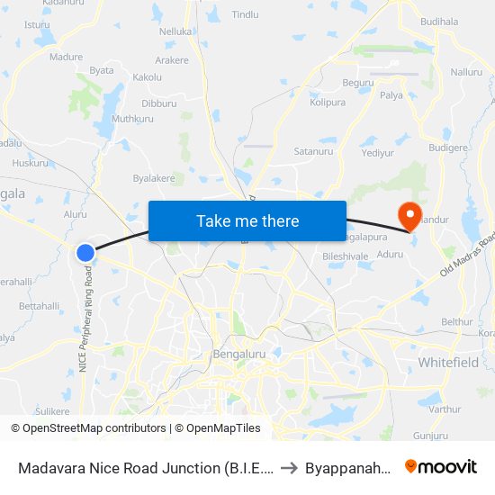 Madavara Nice Road Junction (B.I.E.C) to Byappanahalli map
