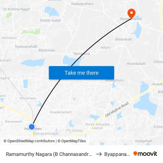 Ramamurthy Nagara (B Channasandra Bridge) to Byappanahalli map