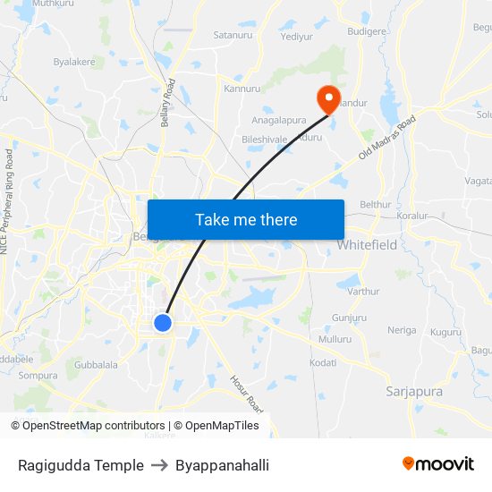 Ragigudda Temple to Byappanahalli map