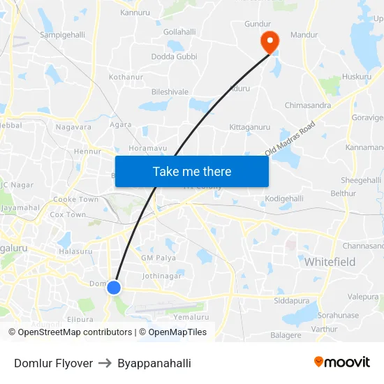 Domlur Flyover to Byappanahalli map