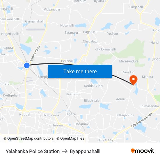 Yelahanka Police Station to Byappanahalli map