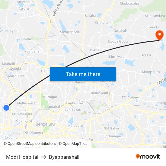Modi Hospital to Byappanahalli map