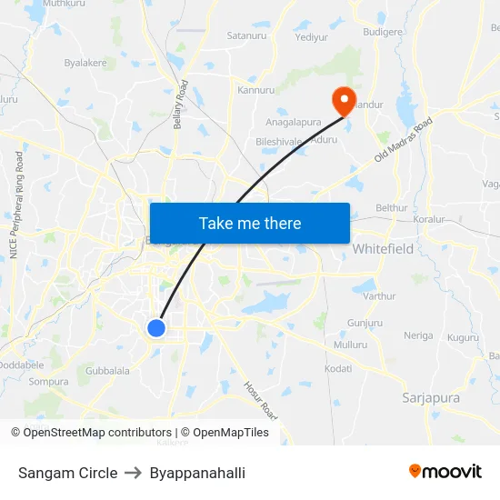 Sangam Circle to Byappanahalli map