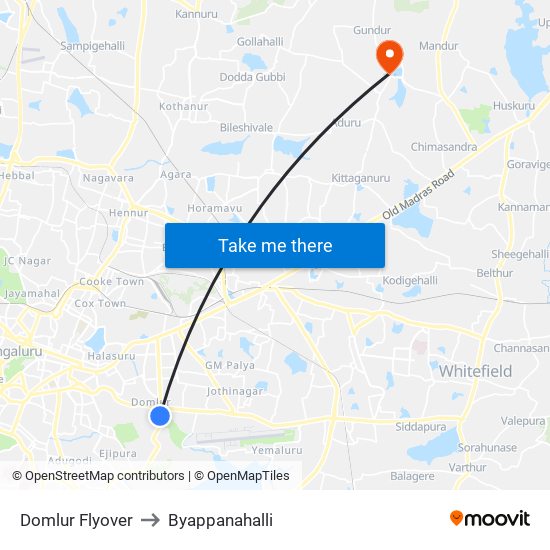 Domlur Flyover to Byappanahalli map