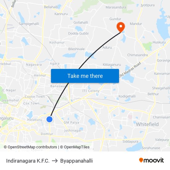 Indiranagara K.F.C. to Byappanahalli map