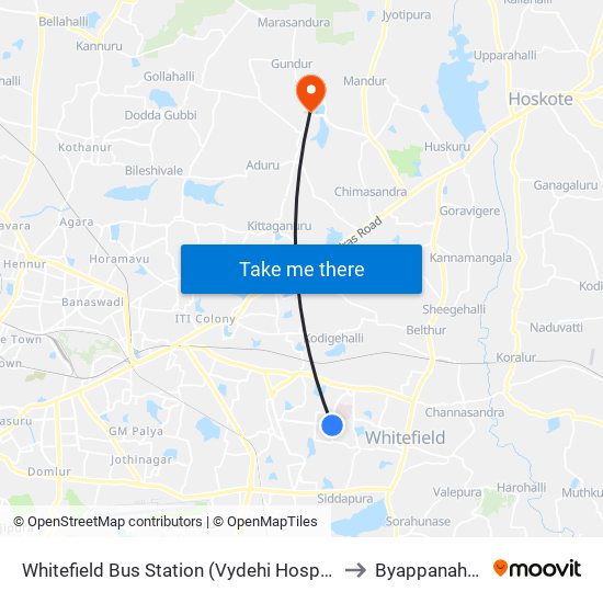 Whitefield Bus Station (Vydehi Hospital) to Byappanahalli map