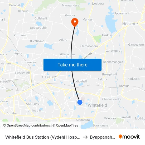 Whitefield Bus Station (Vydehi Hospital) to Byappanahalli map