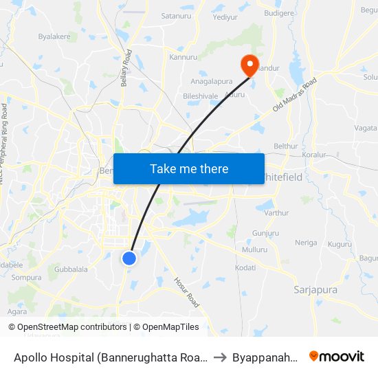 Apollo Hospital (Bannerughatta Road) to Byappanahalli map