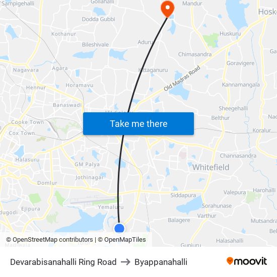 Devarabisanahalli Ring Road to Byappanahalli map