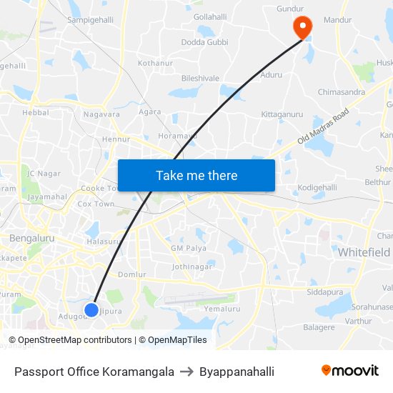 Passport Office Koramangala to Byappanahalli map