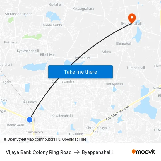 Vijaya Bank Colony Ring Road to Byappanahalli map