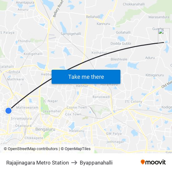 Rajajinagara Metro Station to Byappanahalli map