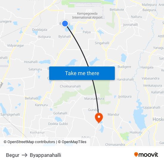 Begur to Byappanahalli map