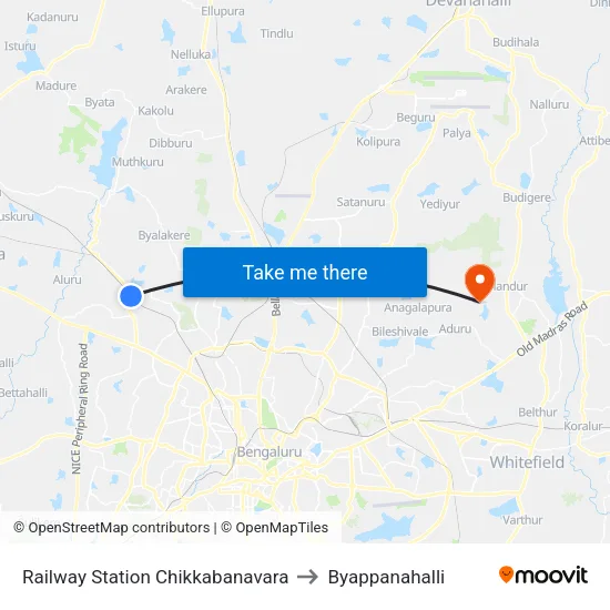Railway Station Chikkabanavara to Byappanahalli map