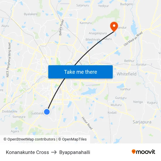 Konanakunte Cross to Byappanahalli map