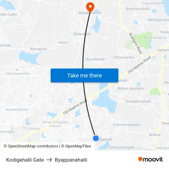 Kodigehalli Gate to Byappanahalli map
