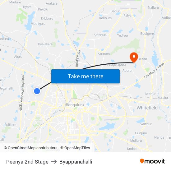 Peenya 2nd Stage to Byappanahalli map