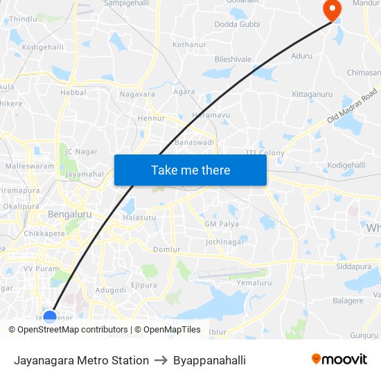 Jayanagara Metro Station to Byappanahalli map