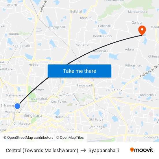 Central (Towards Malleshwaram) to Byappanahalli map