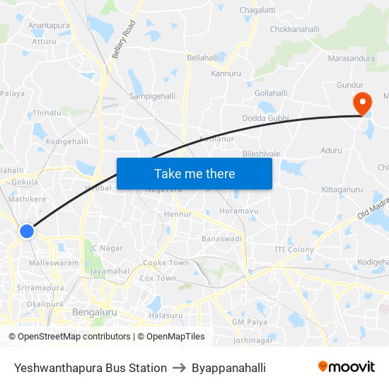 Yeshwanthapura Bus Station to Byappanahalli map