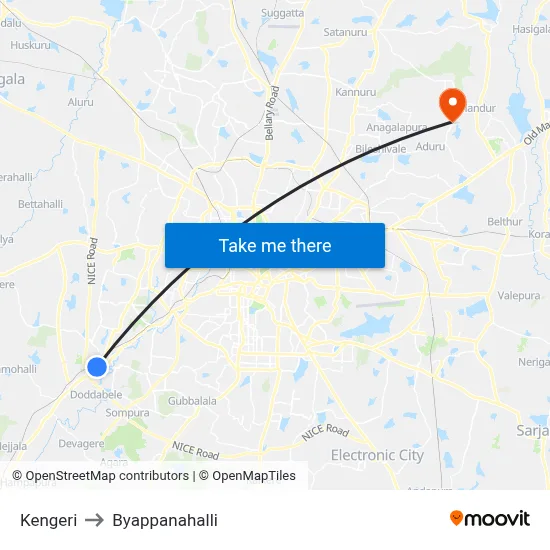 Kengeri to Byappanahalli map