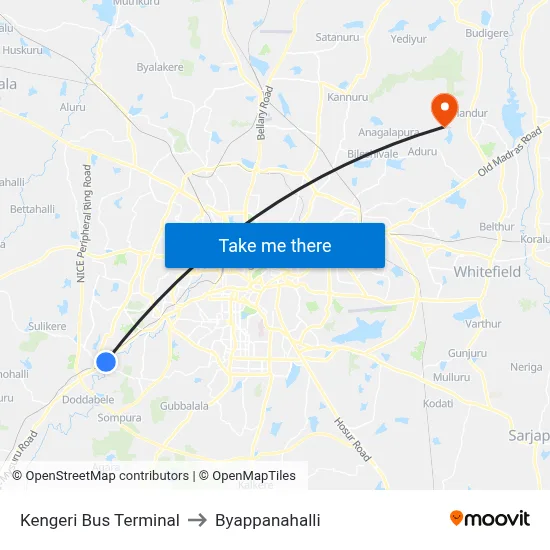Kengeri Bus Terminal to Byappanahalli map