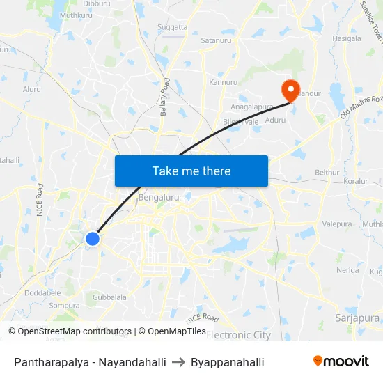 Pantharapalya - Nayandahalli to Byappanahalli map