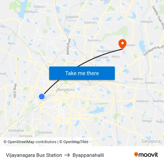 Vijayanagara Bus Station to Byappanahalli map