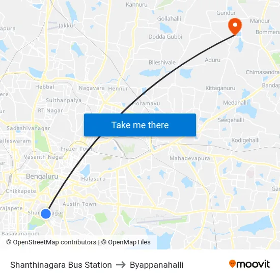 Shanthinagara Bus Station to Byappanahalli map