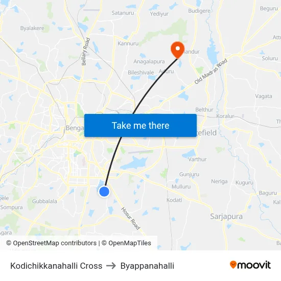 Kodichikkanahalli Cross to Byappanahalli map