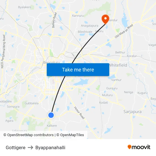 Gottigere to Byappanahalli map