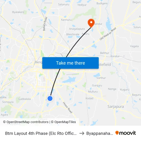 Btm Layout 4th Phase (Elc Rto Office) to Byappanahalli map