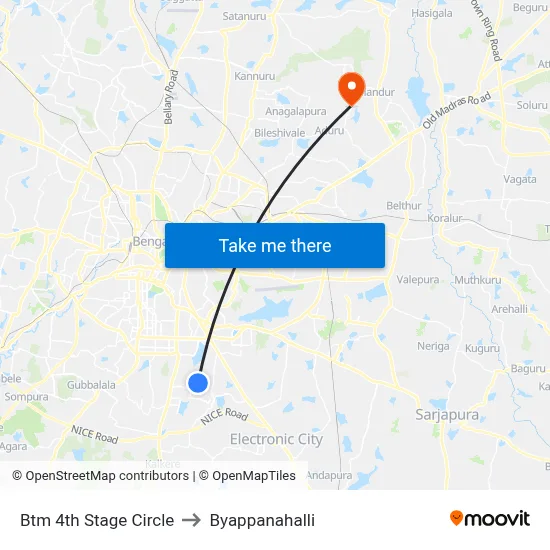 Btm 4th Stage Circle to Byappanahalli map