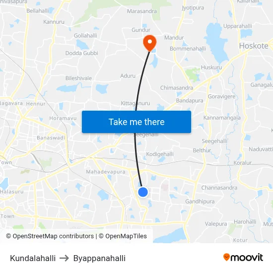 Kundalahalli to Byappanahalli map