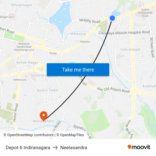 Depot 6 Indiranagara to Neelasandra map