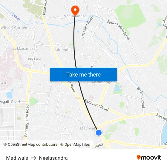 Madiwala to Neelasandra map
