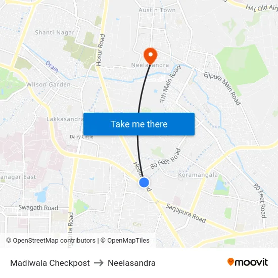 Madiwala Checkpost to Neelasandra map