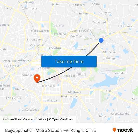 Baiyappanahalli Metro Station to Kangila Clinic map