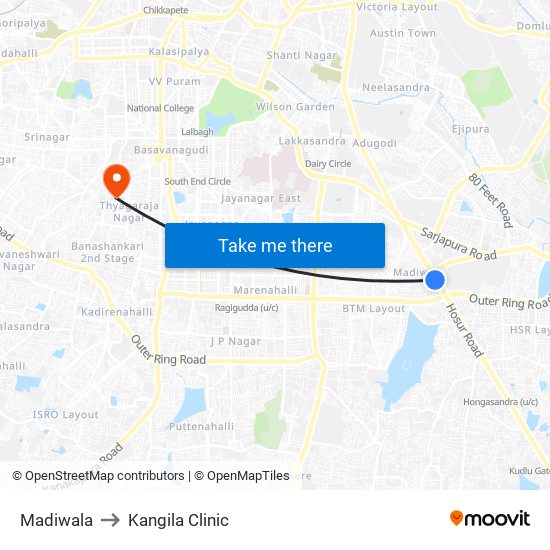 Madiwala to Kangila Clinic map