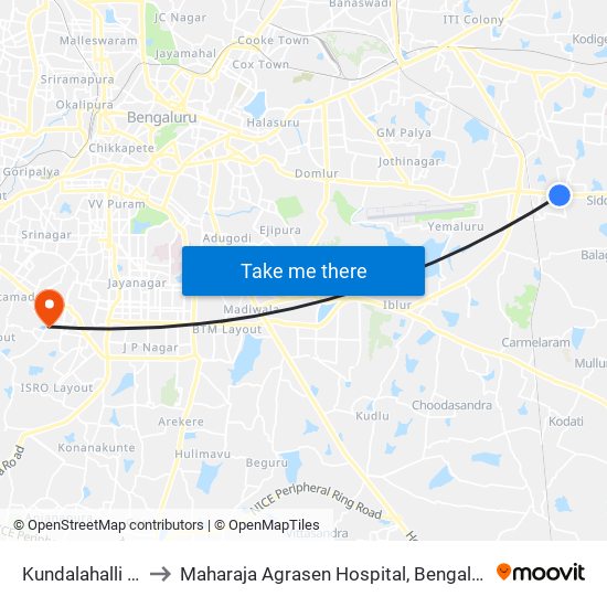 Kundalahalli Gate to Maharaja Agrasen Hospital, Bengaluru Urban map