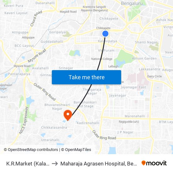 K.R.Market (Kalasipalya) to Maharaja Agrasen Hospital, Bengaluru Urban map