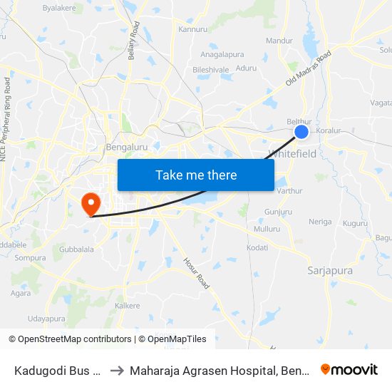 Kadugodi Bus Station to Maharaja Agrasen Hospital, Bengaluru Urban map