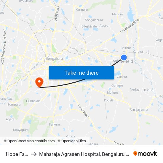 Hope Farm to Maharaja Agrasen Hospital, Bengaluru Urban map