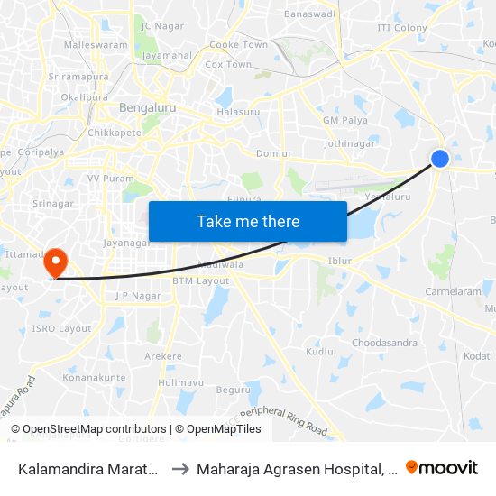 Kalamandira  Marathahalli Bridge to Maharaja Agrasen Hospital, Bengaluru Urban map