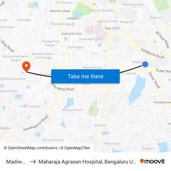 Madiwala to Maharaja Agrasen Hospital, Bengaluru Urban map