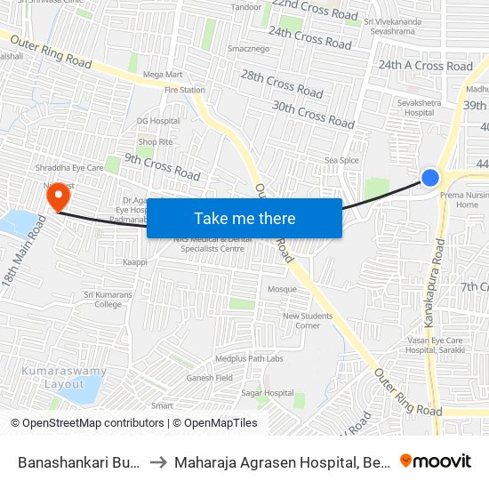 Banashankari Bus Station to Maharaja Agrasen Hospital, Bengaluru Urban map