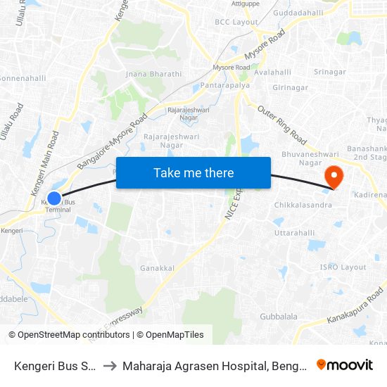 Kengeri Bus Station to Maharaja Agrasen Hospital, Bengaluru Urban map